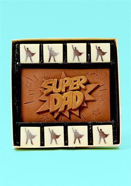 If your dad is your own personal superhero, treat him to this delicious, chocolate box on Father&rsquo;s Day that looks straight out of a comic book! This 3D milk chocolate slab is accompanied by 8 individual white chocolates with iconuc superhero designs.&nbsp;<br />
<br />
Packaged in a smart gift box, this chocolate collection has been handmade in Somerset using the finest Belgian milk, dark and white chocolate with luxurious, gold 'Super Dad&rsquo; text.&nbsp;&nbsp;<br />
<br />
Please be aware that is product contains milk and soya and may contain nuts.&nbsp;